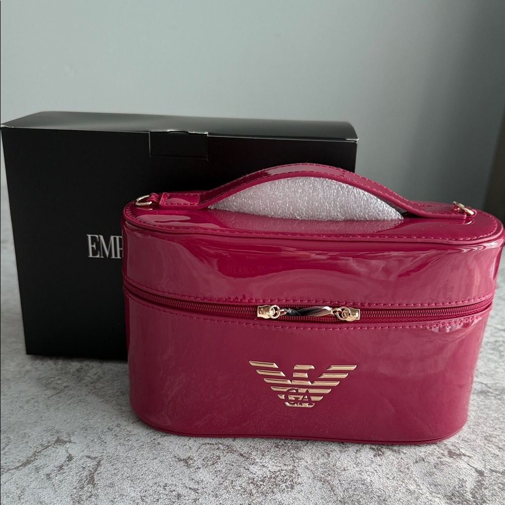 Emporio Armani Glossy Fuchsia Patent Cosmetic Case with Gold Logo